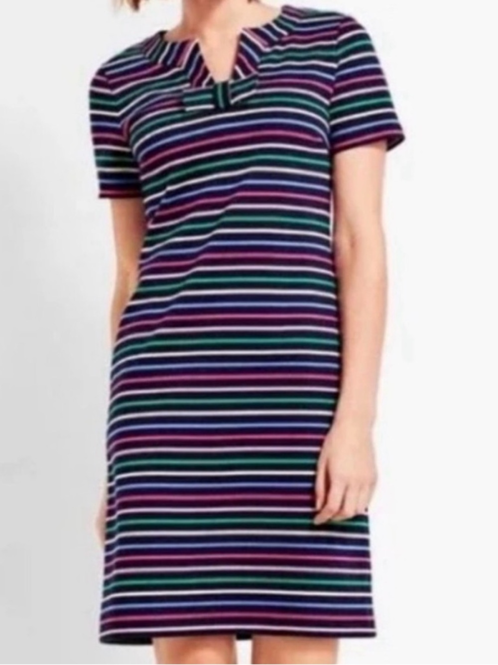 Talbots NEW Striped Bow Shift Dress XS 100% Cotton Short Sleeves Navy Blue Pink
